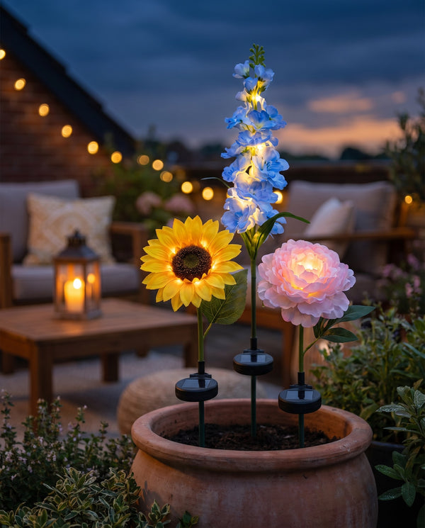 Trio de fleurs solaires (tournesol, pivoine, pied-d'alouette) dans un pot sur une terrasse cosy au crépuscule